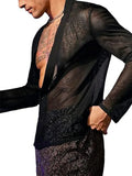 WIAOFELLAS  -  New Spring Sexy Mesh Shirts Men See Through Transparent Loose Mesh Tops Male Beach Fashion Deep V Neck Button Long Sleeve Shirt