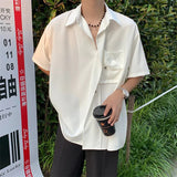 Wiaofellas Summer Short Sleeve Shirt Men Fashion Society Mens Dress Shirt Korean Loose Ice Silk Shirts Mens Black White Casual Shirt M-2XL