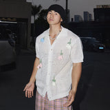 WIAOFELLAS  -  Niche Design Men's Shirts Three-dimensional Flowers Lapel Hollow Out Loose Short Sleeved Male Tops Single Breasted