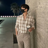 WIAOFELLAS  -  Vintage 2025 Summer Men's Plaid Loose Korean Style Shirts Fashion New Casual Single-breasted Long Sleeves Tops Male