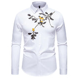 WIAOFELLAS  -  Mens White Embroidery Floral Shirt Long Sleeve Casual Button Down Dress Shirts Men Party Wedding Prom Suit Shirt Male Chemise