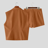 Wiaofellas  -  Men's Sets Solid Lapel Sleeveless Crop Shirt Shorts Two Piece Sets Streetwear Men Matching Sets Stylish Tracksuits