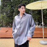WIAOFELLAS  -  Trendy New Summer Men's Solid Color Turn Down Collar Loose Shirts Fashion Single-breasted Long Sleeves Blouses Male