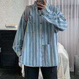 Wiaofellas   -  Oversized Men's Shirt Autumn New Striped Denim Shirt Korean Trend Handsome Loose Hole Long Sleeve Tops Vintage 2Y2321