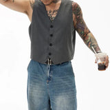 WIAOFELLAS  -  Mens Vest Sleeveless Retro Urban Layering Piece Suit Vest Slim Fit Vintage Essential Gray Waistcoat Trendy Button Unisex Vest