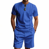Wiaofellas  -  Men's Waffle Knit 2 Piece Outfits Casual Short Sleeve T Shirt and Shorts Set