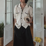 WIAOFELLAS  -  Trendy Men's Striped Pockets Texture Contrast Color Sweater Fashion Short Sleeves Lapel Pullover Male Summer