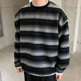 WIAOFELLAS  -  Orange Striped Round Neck Contrasting Sweatshirt Men Autumn New Pullover Tops Japanese Harajuku Loose Long Sleeved T-shirt