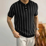 WIAOFELLAS  -  Summer New Men's Striped Knitted Short-Sleeved T-Shirt Retro Fashion Trend Casual Simple Loose Breathable Business Men's Tops