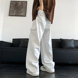 WIAOFELLAS  -  Retro Heavyweight White Multi-Pocket Work Pants Straight Leg Wide Leg Harlan Long Trousers for Men And Women Loose Fit Korean St