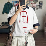 Wiaofellas  -  Mens Shirt Vintage Patchwork Color-block Button Tops Lapel Half Sleeve Men Clothes Summer Retro Casual Male Shirts