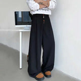 WIAOFELLAS  -  American Style Loose Suit Trousers Men's Chic Button Solid Color Casual Pleated Design Straight Leg Menswear Bottom