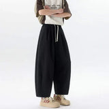 WIAOFELLAS  -  Simple Men's Casual Pants Drawstring Design Solid Color Bottom Elastic Waist Straight Wide Leg Loose Male Trousers
