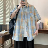 Wiaofellas  -  Trendy Summer Elegant Short Sleeve Plaid Shirt Men's American Casual Oversized Pocket T Shirts Y2K Streetwear Camisas