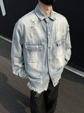 WIAOFELLAS  -  Niche Design Men's Denim Coats Solid Color Holes Raw Edge Pocket Single Breasted Casual Menswear Loose Male Jackets