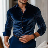 WIAOFELLAS  -  Men's Luxury Velvet Button-Down Shirt Loose Casual Tops Soild Dress Shirt For Party Daily Wear Spring Autumn Men's Velvet Shirts
