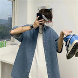 Wiaofellas  -  Washed Denim Short Sleeve Shirt Casual Loose Fit Summer Trend for Men And Women British Style Polyester Fiber Floral Pattern