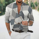 Wiaofellas  -  Geometric Three-dimensional 3D Printed Casual Lapel Long-sleeved Shirt Spring and Autumn Men's Trendy Versatile Shirt
