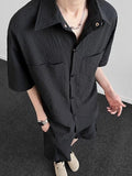 Wiaofellas  -  Navy Blue Seersucker Men's T-shirt Short Sleeve Shirt Summer Thin Casual Outfit Streetwear Vintage Retro Cleanfit Daily Wear