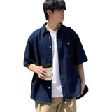 Wiaofellas  -  American Retro Blue Denim Short Sleeve Shirt Casual Loose Workwear Summer New Style Pocket Half Sleeve Shirt for Youth