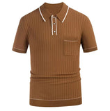 Wiaofellas  -  Men's Spring Summer Knitted Polo Shirts British Retro Casual Apricot Stripe Patchwork Jacquard Business Short Sleeve Tees Shirts