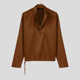 WIAOFELLAS  -  Men Shirt Solid Color Stand Collar Long Sleeve Loose Men Clothing Streetwear Korean Style Fashion Casual Shirts