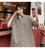WIAOFELLAS  -  Trendy Men's Plaid Spliced Pocket Short Sleeve Loose Shirts Fashion Summer Lapel Single-breasted Blouses Male