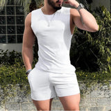 Wiaofellas  -  Summer 2 Piece Suit Man Casual Sleeveless Tank Top + Sports Shorts Solid Thread Print Fitness Tracksuit For Man Cothing