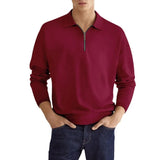 Wiaofellas  -  Men's Light Blue Quarter Zip Polo Neck Top Long Sleeve Casual Solid Color Slim Fit Pullover For Spring Autumn