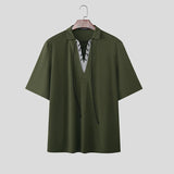 Wiaofellas  -  Men Shirt Lapel Short Sleeve Patchwork Lace Up Casual Men Clothing Streetwear Korean Style Summer Fashion Male Tops