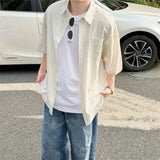 WIAOFELLAS  -  Men's Oversized Striped Casual Shirt - Korean Fashion Trend Short Sleeve Button-Down Collared Top  Stylish Layered Streetwear