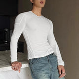 WIAOFELLAS  -  Men T Shirt Solid Color O-neck Long Sleeve Autumn Casual Male Tee Tops Streetwear Knitted Korean Style Men Clothing