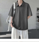 WIAOFELLAS  -  Trendy Summer Men‘s Solid Color Ice Silk Casual T-shirts New Fashion Turn Down Collar Short Sleeve Loose Tops Male