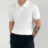 WIAOFELLAS  -  Fashion Solid Color Ribbed Knit Polo Shirt Men Slim Fit Short Sleeve Tops Tee  Summer Temperament Youth Polos Tshirts Clothing