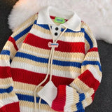 Wiaofellas  -  Casual Loose Knitted Rainbow Stripes Collar Sweater Spring Autumn Couple Style Comfortable Lazy Man's Pullover Fashionable