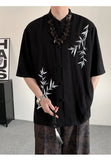 WIAOFELLAS  -  New Chinese Style Men's Shirts Stand Collar Bamboo Embroidery Contrast Color Single Breasted Short Sleeve Male Tops