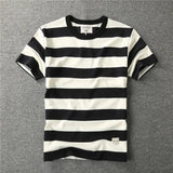 WIAOFELLAS  -  Heavy double cotton short sleeve t pocket American retro thick horizontal thick wide stripe T-shirt men's and women's T-shirt