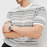 Wiaofellas  -  Casual Slim Knitted T Shirts Men Fashion Striped Knit Short Sleeve T-shirt For Mens Summer Vintage O Neck Knitting Pullover Tops