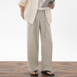 Wiaofellas  -  Mens Cropped Linen Blend Dress Pants Casual Drawstring High Waist Breathable Suit Trousers Japanese Clean Fit Straight Trousers