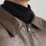 Wiaofellas  -  Vintage PU Leather Jackets Men Autumn Fashionable Solid Color Lapel Zip-up Leather Coats Men Stylish Loose Long Sleeve PU Jacket