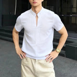 Wiaofellas  -  Summer Stand Up Collar Short Sleeved T-shirts Men Loose Casual Social Pullover Vacation Beach Hawaiian T-shirt Men Clothing