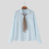 WIAOFELLAS  -  Men Shirt Solid Color Lapel Long Sleeve Men Clothing Plaid Scarf Streetwear Loose Cotton Fashion Casual Tops Male Shirts