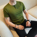 WIAOFELLAS  -  Summer Cotton Round Neck Men's Casual T-shirt Fashion Business Slim Fit Short Sleeve Elastic Solid Color Tees Tops Streetwear