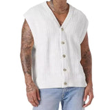 Wiaofellas  -  Fashion Hollow Out Mens Knitting Tank Tops Summer Trendy Loose Sleeveless Button V Neck Vest Men Cardigans Streetwear Camisoles