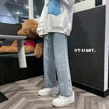 Wiaofellas  -  High Street Solid Color Denim Long Pants Men's Jeans New Loose Straight-leg Pants Stitching Wide-leg Pants