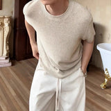 Wiaofellas  -  Men Light Luxury Knit O Neck Short-sleeved T Shirt Solid Color Leisure Streetwear Retro Knitwear Korean Popular Men's Clothing