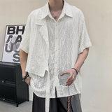 WIAOFELLAS  -  Short Sleeved Men's Shirts Casual Solid Color Hollow Out Jacquard Lace-up Loose Single Breasted Male Tops Trendy