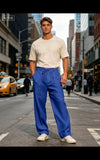 Wiaofellas  -  Men Summer Cotton Linen Drawstring Casual Pants Solid Color Loose Wide Leg Trousers Breathable Elastic Waist Daily Beach