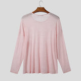 WIAOFELLAS  -  Men T Shirt Solid Color Knitted O-neck Long Sleeve Loose Male Tee Tops See Through Sexy Fashion Casual Men Clothing