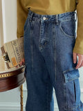 WIAOFELLAS  -  Vintage Cargo Jeans Korean Style Straight Leg Casual Large Pocket Design Autumn New Trendy Denim Pants Men's